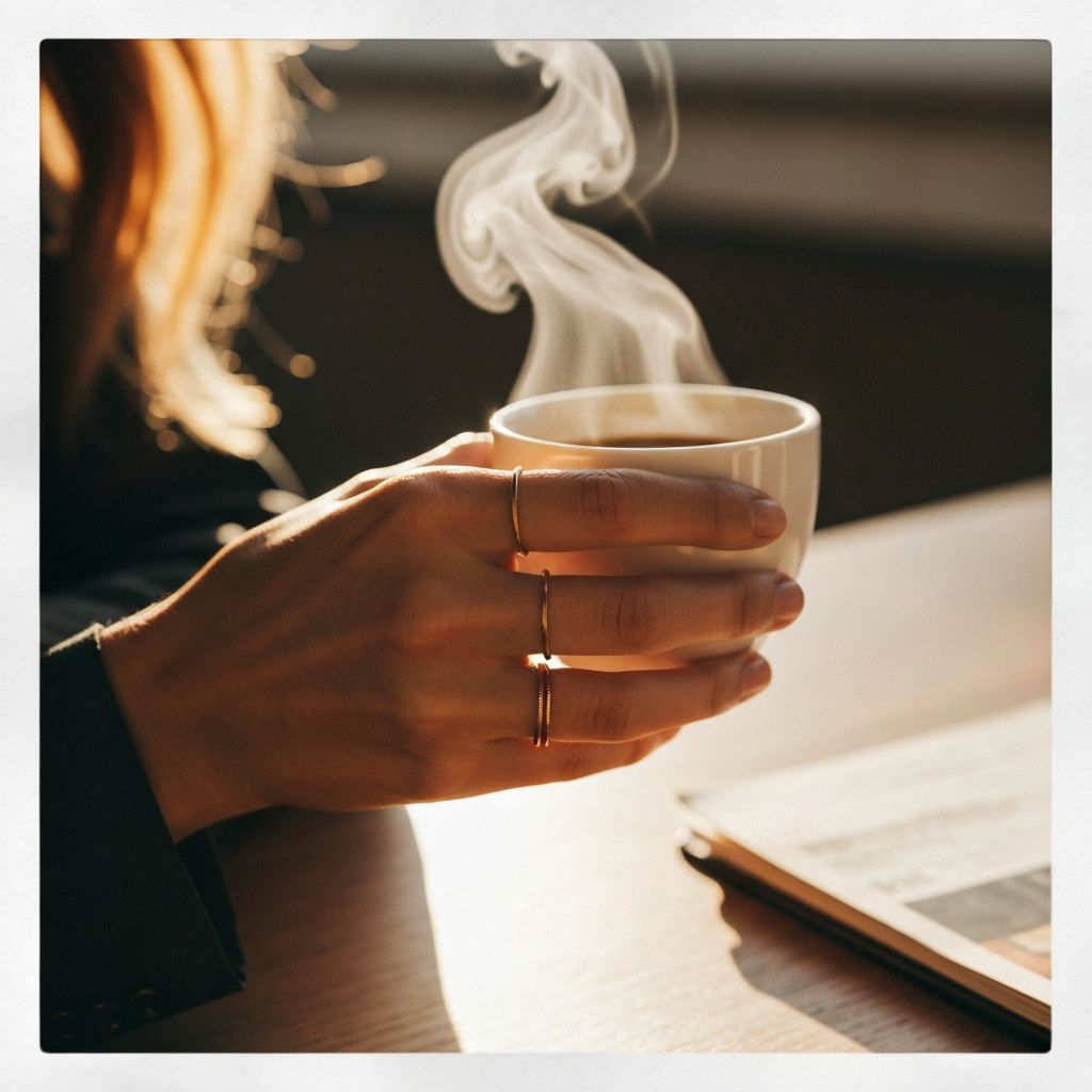 Hand wearing gold rings holding a coffee cup
