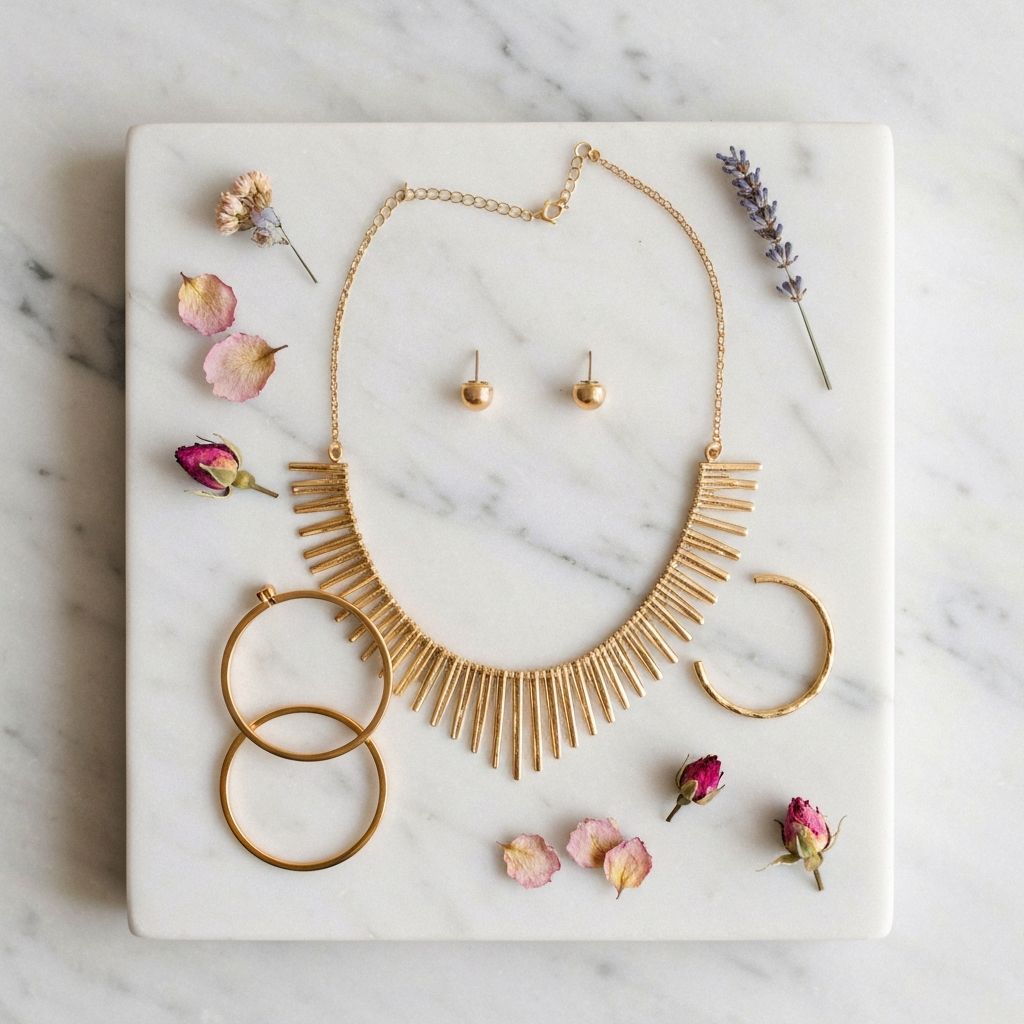 Gold jewellery flatlay on marble with dried flowers