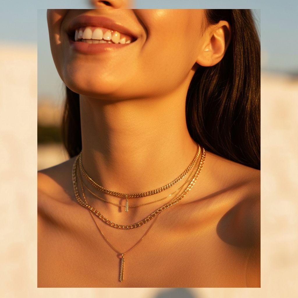Layered gold necklaces in warm golden light